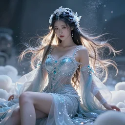 a beautiful female goddess of cold character, character is in all its glory, character is in her natural relaxed pose, rim lights, particles and dust in the air, fancy clouds, highly detailed professional photo, dynamic lights, particles are flying, depth of field, trending on artstation, illustration, hyper realistic, vray caustics, super detailed, colorful accents, cinematic shot