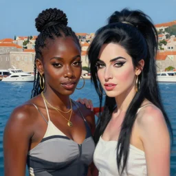 beautiful lifelike painting of flava flav and amy winehouse buying a yacht in dubrovnik, hyperreal detailed facial features and uv lighting, art by ed roth and basil wolverton