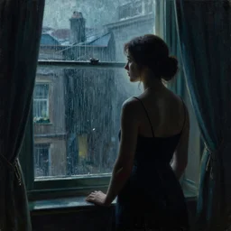 silhouette of a woman gazing out her hotel window at the rain, extremely detailed masterpiece, oil on canvas, low-key neon lighting, in the world of Edward Hopped, artstation, by J. C. Leyendecker and Peter Paul Rubens,