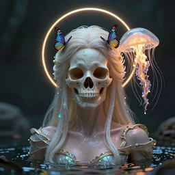 beautiful princess. human skull jellyfish butterfly phoenix head. burning water. intricate artwork by Tooth Wu and wlop and beeple and dan mumford and greg rutkowski. halo. octane render, cinematic, hyper realism, octane render, 8k, depth of field, bokeh. iridescent accents