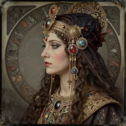 daguerreotype hyperrealistic detailed face side portrait of the beautiful cthulhu priestess adorned with curse jewels and ceremonial robes, tintype art by ernst haeckel, john william godward, android jones, alphonso mucha, h. r. giger, gothic - cyberpunk, ornamental, beautiful deep colours, ambrotype