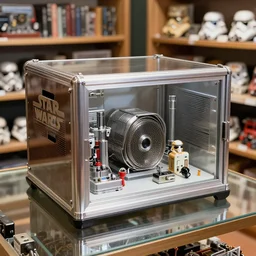a well - lit, detailed museum archive rich color photograph of a star wars memory box by joseph cornell, containing one action figure, some photographs, a star chart, a hologram, some small drawers, a ticket stub, and a large lightsaber