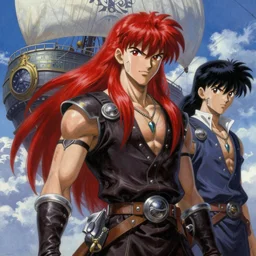 prompt : ragnarok online portrait soft light painted by james jean and katsuhiro otomo and erik jones, inspired by akira anime, an epic fantasy comic book style portrait painting of a long haired, red headed male sky - pirate in front of an airship, intricate oil painting, high detail illustration, sharp high detail, manga and anime 1 9 9 9
