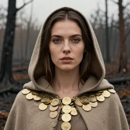 closeup portrait of a woman wearing a cloak of gold coins in a charred, burnt forest, by Annie Leibovitz and Steve McCurry, natural light, detailed face, CANON Eos C300, ƒ1.8, 35mm, 8K, medium-format print