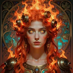 the greek goddess hestia, hair made of fire, steampunk, glowing eyes, beautiful eyes, volumetric lights, red and cyan theme, art nouveau botanicals, intricate, highly detailed, digital painting, artstation, concept art, smooth, sharp focus, cinematic, illustration, beautiful face, art by artgerm and greg rutkowski and alphonse mucha
