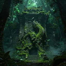 epic ancient temple ruin with a statue of a dragon overgrown with moss in a dark lush green forest, dark night, glowing particles, volumetric fog, by Stanley Artgerm Lau, WLOP, trending on ArtStation, CGSociety, concept art, cgsociety, octane render, trending on artstation, artstationHD, artstationHQ, unreal engine, 8k