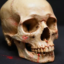a highly detailed photo of a skull dipped in red paint