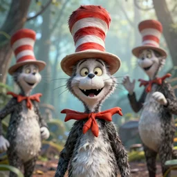 complex 3 d render, hyper detailed, ultra sharp, of the cat in the hat, scary, comical, cinematic, natural soft light, rim light, octane render, artstation, art by artgerm and greg rutkowski and alberto seveso, dr seuss