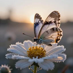 ( butterfly with wings made out of feathers ), drinking from a large beautiful ( frosty flower ), sunrise, macro shot, hyper realism,