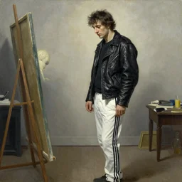 gopnik in a black leather jacket,  white Adidas pants, painting by Beksinski