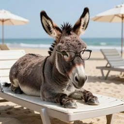 A Donkey wearing cool glasses lying on a sunbed at the beach, 8k, highly detailed, cinematic