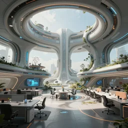 futuristic utopian office space, fin - tech company in the future, high detail, fantasy scifi illustration