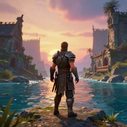 full length portrait of a male warrior exploring a mysterious abandoned village near the ocean, rendered in bryce 3 d, myst and riven video game, prerendered 3 d cgi, ray - tracing, water ripples, sunset, vibrant color, mysterious atmosphere, depth of field, cinematic lighting, focused, rule of thirds, trending on artstation