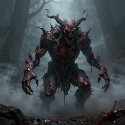 a bloody tree demon monster on hell, dark, foggy, eerie, splash, sparkle, smoke, particles, octane render, unreal engine, artstation, digital art.
