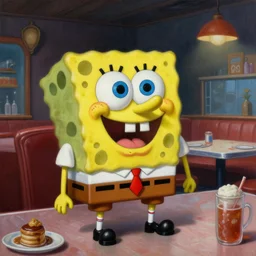 a photorealistic highly detailed painting of a vintage 1 9 5 0's game realistic spongebob in an italian restaurant by johfra bosschart, lisa frank, kinkade, visionary art, dark fantasy art, high detail, trending on artstation