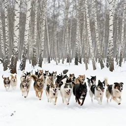movie still by tarkovsky of a crowd of dogs running in a birch forest with snow, cinestill 8 0 0 t 3 5 mm b & w, heavy grain, high quality, muddy, foggy