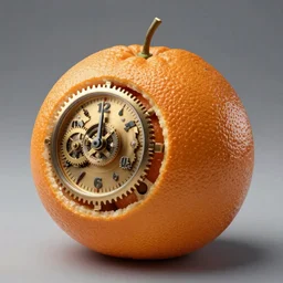 orange fruit with clockwork mechanisms inside of it, high definition, professional artwork, mood lighting