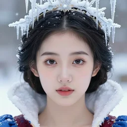 realistic detailed face portrait of a beautiful young fairy tale Snow Queen with a halo of icicles by Alphonse Mucha, Ayami Kojima, Amano, Charlie Bowater, Karol Bak, Greg Hildebrandt, Jean Delville, and Mark Brooks, Art Nouveau, Neo-Gothic, gothic, rich deep moody colors