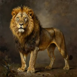 backlit muscular lion as barbarian hunter full body ,human legs ,very textured detailed oil painting by rembrandt