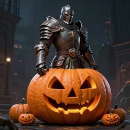 a full body shot of a jack o'lantern warrior by Brahm Revel,colored by Ronda Pattison,heavy armor,city in the background,dark colors,detailed,artstationCGsociety, full length, exquisite detail, post-processing, masterpiece, volumetric lighting, cinematic, hypermaximalistic, high details, cinematic, 8k resolution, beautiful detailed, insanely intricate details,