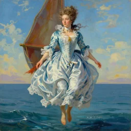 A beautiful painting of Marie Antoinette levitating over the sea, digital art by Edward Hopper, vibrant color scheme, highly detailed, in the style of romanticism, fine Art, high detail, great lighting, 8k resolution, masterpiece, concept art, illustration, clear eyes, soft lighting, soft details, painting oil on canvas, octane render, HDR, trending on artstation, 4k, 8k, HD