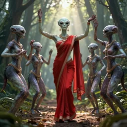 beautiful fashion human looking alien in red saree in forest with 4 alieans dance around her, in the style of artgerm, and wlop, chanel jewelry, cinematic lighting, hyperdetailed, 8 k realistic, symmetrical, global illumination, radiant light, love and mercy, frostbite 3 engine, cryengine, dof, trending on artstation, digital art, crepuscular ray