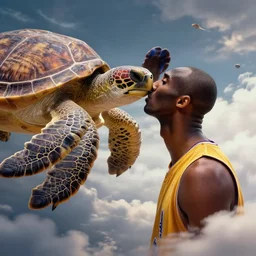 kobe bryant kissing a giant turtle in heaven, photorealistic, side view, amazing digital art, amazing detail, fantasy art, artstatiom, cgsociety, epic art