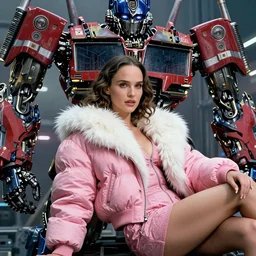 beautiful fantasy character portrait, natalie portman, wearing pink puffy bomber jacket with white fur, decepticon robots, seductive reclining pose, futuristic chrome drones, ultra realistic, dramatic lighting, decepticon artifacts, highly detailed by peter mohrbacher, hajime sorayama, wayne barlowe, boris vallejo, aaron horkey, gaston bussiere, craig mullins