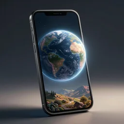 illustration of a mobile phone with a planet inside the screen going out of it