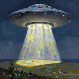 spiritual ufo encounter, gouache, stylised, by mati klarwein and moebius