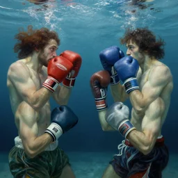 epic beautifull renaissance portrait of a 2 boxers underwater, art by * christy lee rogers and gessica marmotta and zena holloway * ( by jean gerome, edward hopper and jenny saville and james jean, hyper detail, 8 k, high resolution, ultra detailed )
