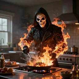 ghost rider in a kitchen cooking food with his fire, digital art