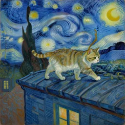 a painting of a cat walking on a building roof in the city at midnight in the style of van gogh, high quality, post impressionism, detailed