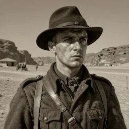 a detailed photorealistic sepia - toned color portrait painting of a 1 9 1 7 worried clean - shaven british lieutenant in detailed field gear not wearing a hat in wadi rum, ultra realistic, intricate details, lovecraft, atmospheric, dark, horror, brooding, highly detailed, by clyde caldwell