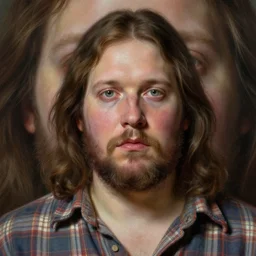 portrait of redneck jesus, pale unhealthy skin. round face, overweight. plaid shirt. extreme fine detail background, highly detailed, detailed eyes, high quality, digital painting, poorly lit, hyperrealistic, by gaston bussiere, j. c. leyendecker, craig mullins