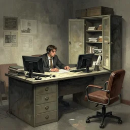 a disorderly booking office, with a desk with locked drawers and a open cabinet, concept art, trending on artstation, wlop, ross draws, dim light, mixed media, intricate details,