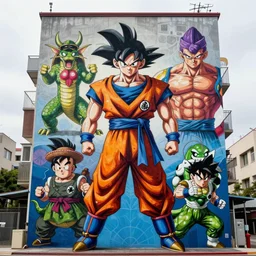 grafite art of goku at a city building by cobra and art gem stanley and boris vallejo street art