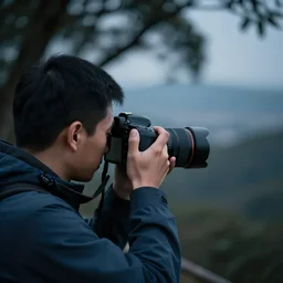 a photographer taking a picture. bokeh. sharp. background blur. vignette. bluish tones. dslr photo