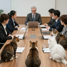 photo of cats attending a management board meeting. Highly detailed 8k. Intricate. Sony a7r iv 55mm. Stock photo.