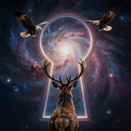 an extreme long shot of a deer peering into a giant portal into the universe in the shape of a keyhole to the nebulae and galaxies, an eagle flying, beautiful matte painting by weta workshop 4 k, cinematic dramatic atmosphere, dramatic lighting, trending on artstation