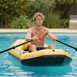 Eric Bugenhagen on a raft in a pool