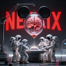 graphic art of dystopian futuristic 1 0 mechanic surgeons astronauts, operate on a mickeymouse!!! head balloon float brain exposed, held by a crane. ominous glowing red netflix!!! logo in the background, trending on art station, beeple!!!!, clean concept art, smooth, octane render, minimal