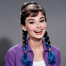 audrey hepburn as crazy laughting harley quinn, two long braids blue, no makeup, purple jacket, portrait shinkai makoto studio ghibli studio key hideaki anno sakimichan stanley artgerm lau rossdraws james jean marc simonetti elegant highly detailed digital painting artstation pixiv