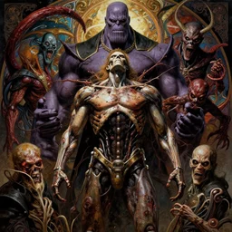 the platonic ideal of terminator 2 of cletus kasady ultimate carnage thanos dementor doctor manhattan chtulu nazgul, detailed, intricate, hyperrealism, intense, scary, decay, dmt, art by brock hofer and artgerm and greg rutkowski and alphonse mucha