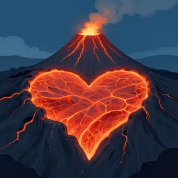 illustration of a volcano, heart - shaped lava,