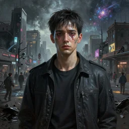 a fine detailed painting of a psycho man in the city of pollution with lot of people, ultrarealistic filmic, 16K 3D, cry engine, cosmic distopic art