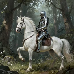 in a forest clearing there is a knight wearing armor riding a unicorn, knight armor of thorns and glass, white unicorn, concept art by greg rutkowski