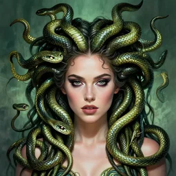 angelina joline as medusa, snakes in hair, portrait, fantasy art, in the style of artgerm, illustration, epic, fantasy, intricate, hyper detailed, artstation, concept art, smooth, sharp focus, ray tracing, vibrant, photorealistic, simon bisley