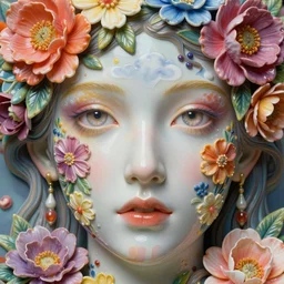 very colorful face portrait, artwork by james jean made of flowers, cloud, glossy opened eyes, jean delville, chiara bautista, hyperdetailed realistic smooth polished porcelain, beautiful provenance queen, art nouveau, highly saturated colors, very very very very very vibrant, delicate, ultrasharp hyperdetailed photorealistic octane render, enchanting, otherworldly, whimsical, ethereal, mythology