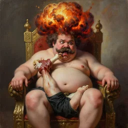 painting of a very fat tsikalawe with a thick moustache sitting on a throne, eating the leg of a terrified man, his hair is a nuclear explosion, cute, hilarious, disturbing, nightmare, highly detailed, funny, hahahaha, by david cronenberg, found on artstation, hyperrealistic digital art